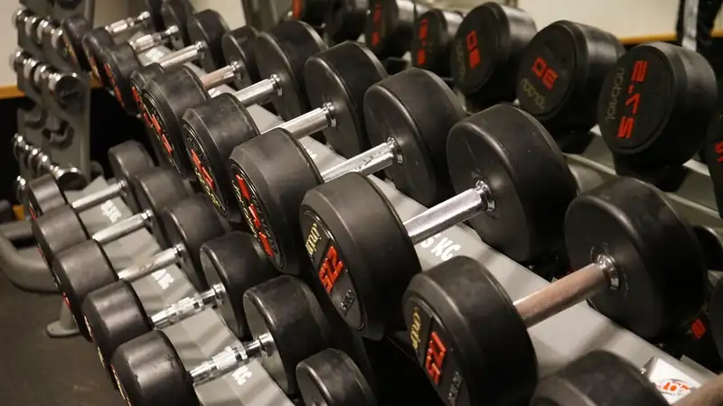 Rows of black rubber dumbbells with red weight markings on a gym rack.